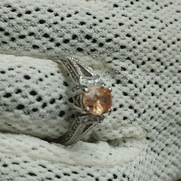 Citrine Ring 9mm Sterling Silver 925 Engagement Ring Simulated Diamond Accents - Picture 10 of 10